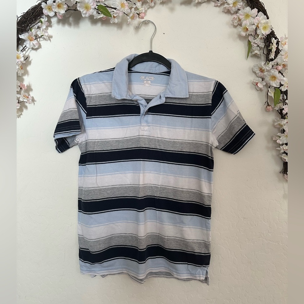 Place Blue and Gray Polo Shirt Classic Striped Design